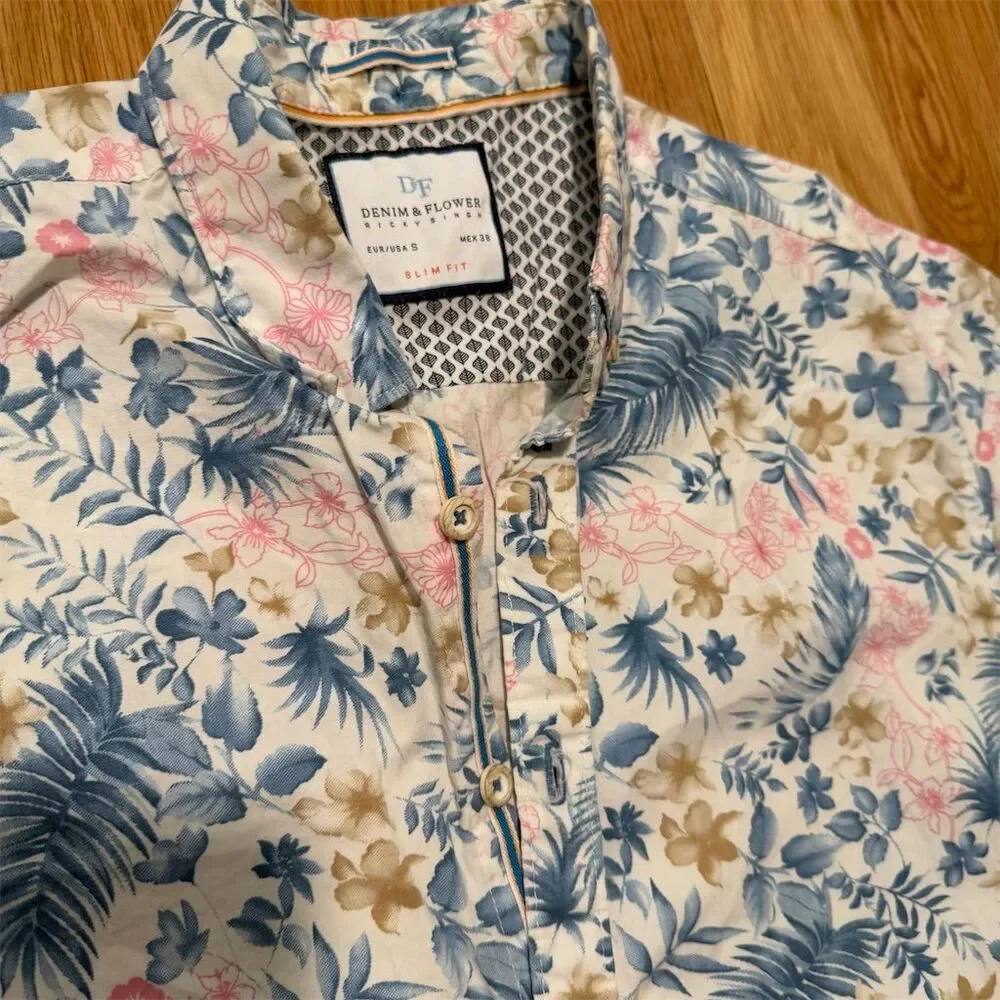 Denim & Flower Slim Fit Men's Floral Short Sleeve Shirt Size L Multicolor Casual